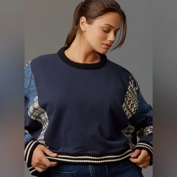 ✨ Anthropologie Mixed Media Pullover Sweatshirt Sz SP - Picture 5 of 7